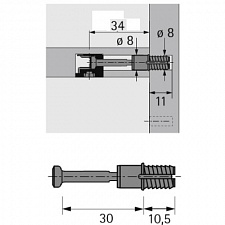 Дюбель быстрого монтажа  под запрессовку RAPID S DU 325 для RASTEX. Зажимной размер 30 мм, длина 34 мм, диаметр 8мм. 9046182. HETTICH (100 шт.)